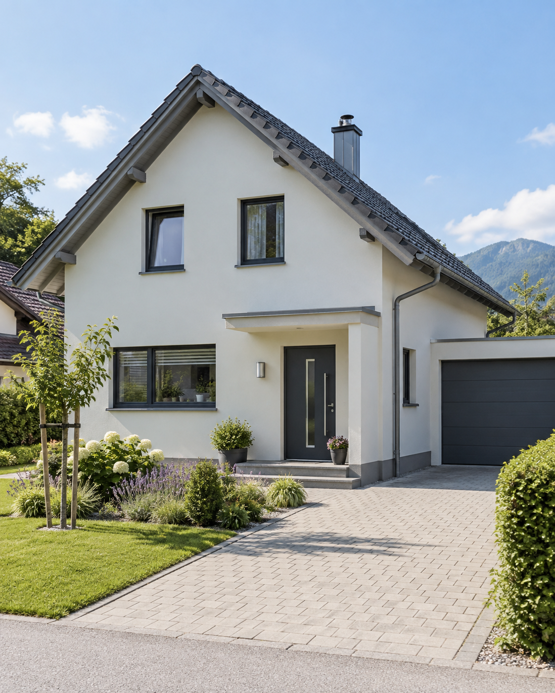 Wohnhaus mit Vorgarten und Zufahrt