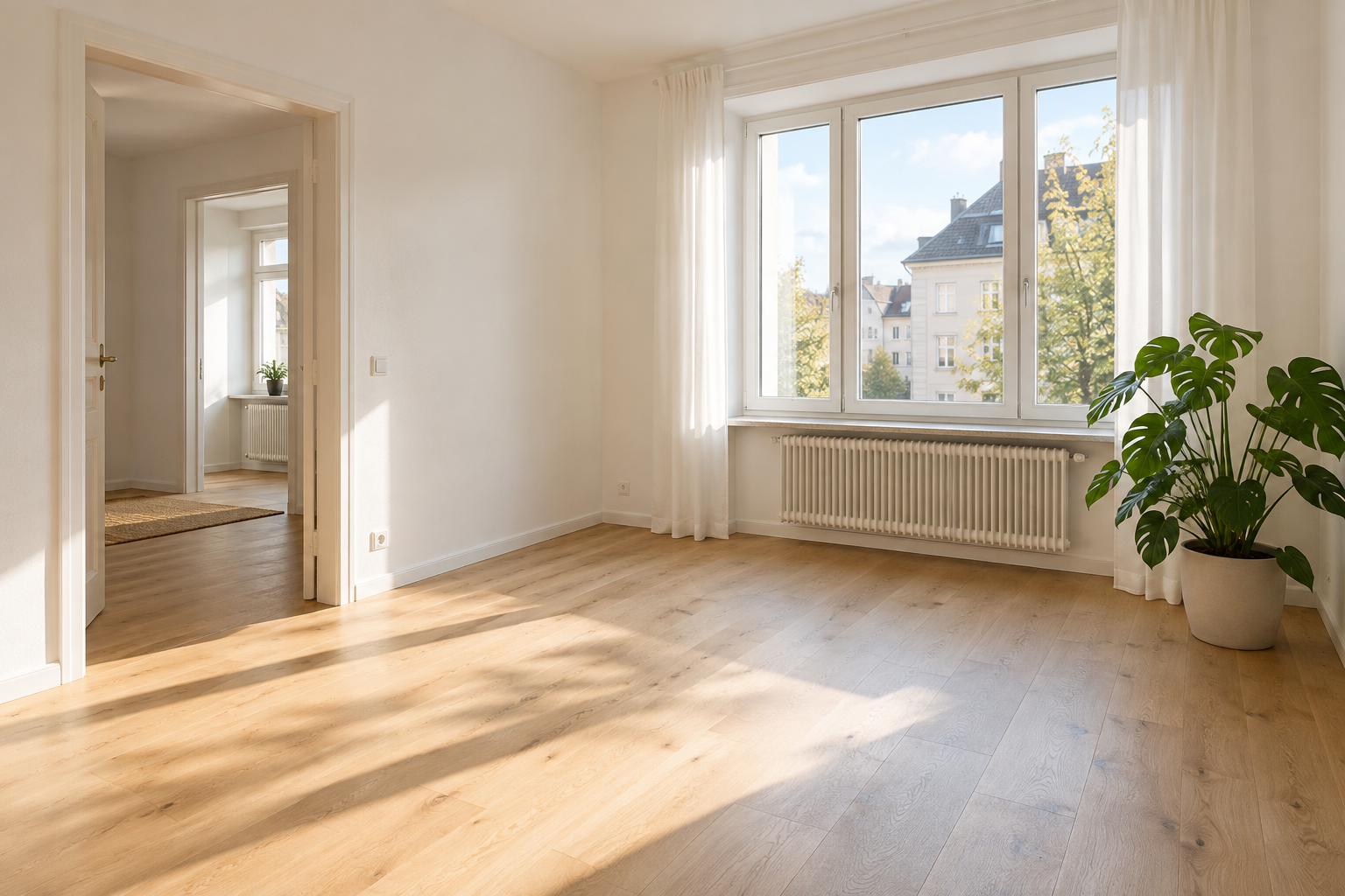Heller Wohnraum mit breitem Fenster und Pflanze